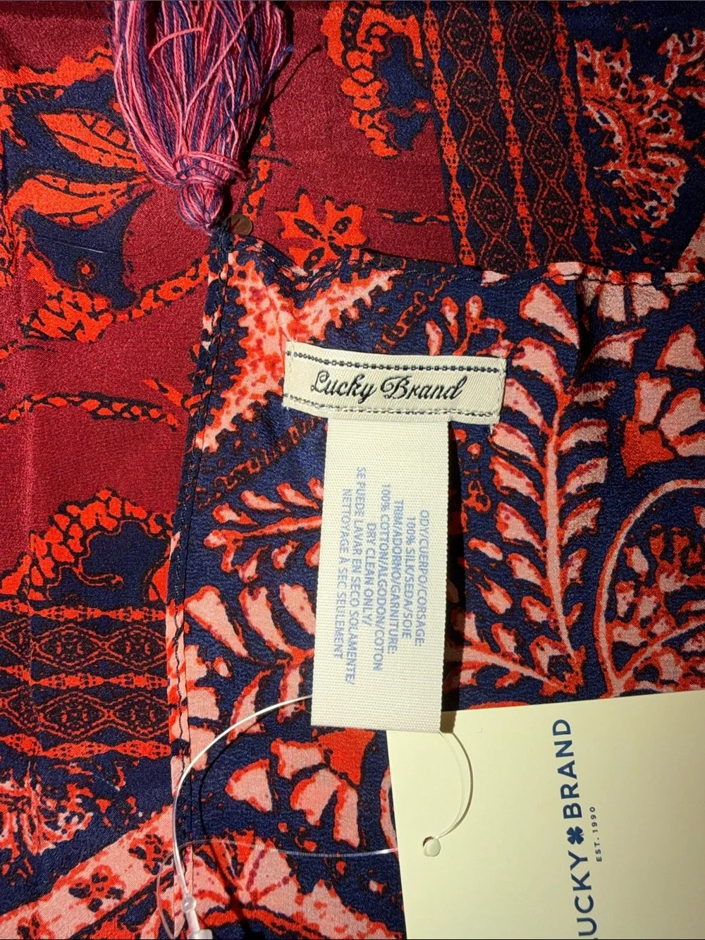 Lucky Brand Scarf 100% Silk Boho Paisley Print40x40” Square Floral TASSELS - NEW